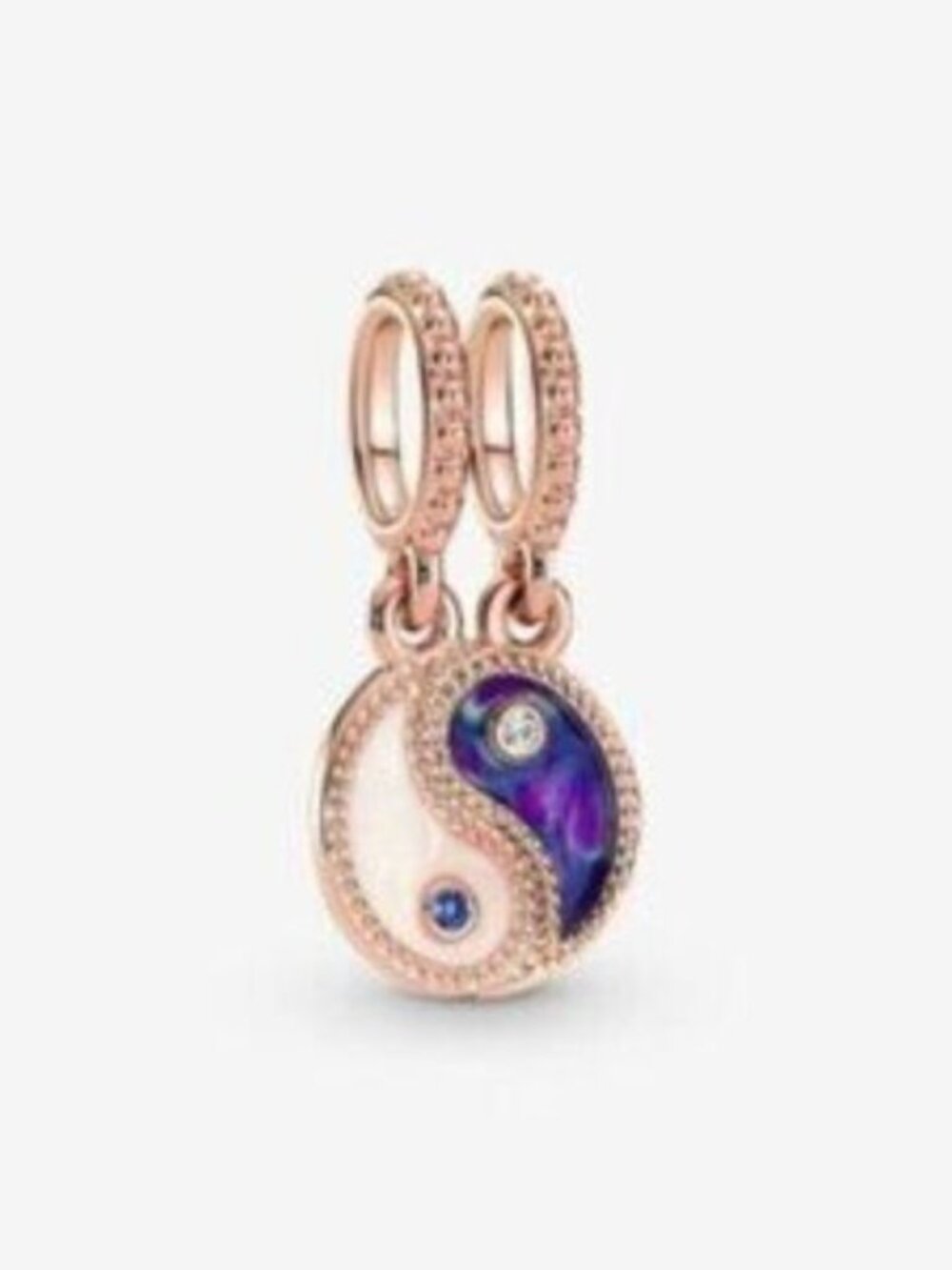 Pandora Rose Gold Yin Yang Dangle Charm with Purple and White Enamel